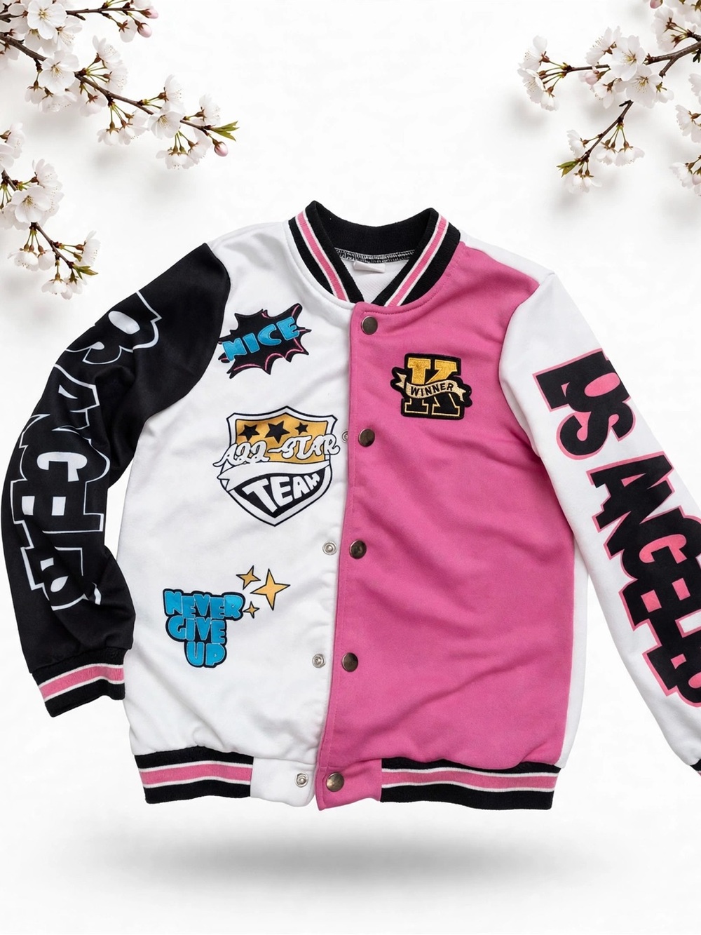 Kids Pink, White & Black Varsity Jacket with Patch Graphics